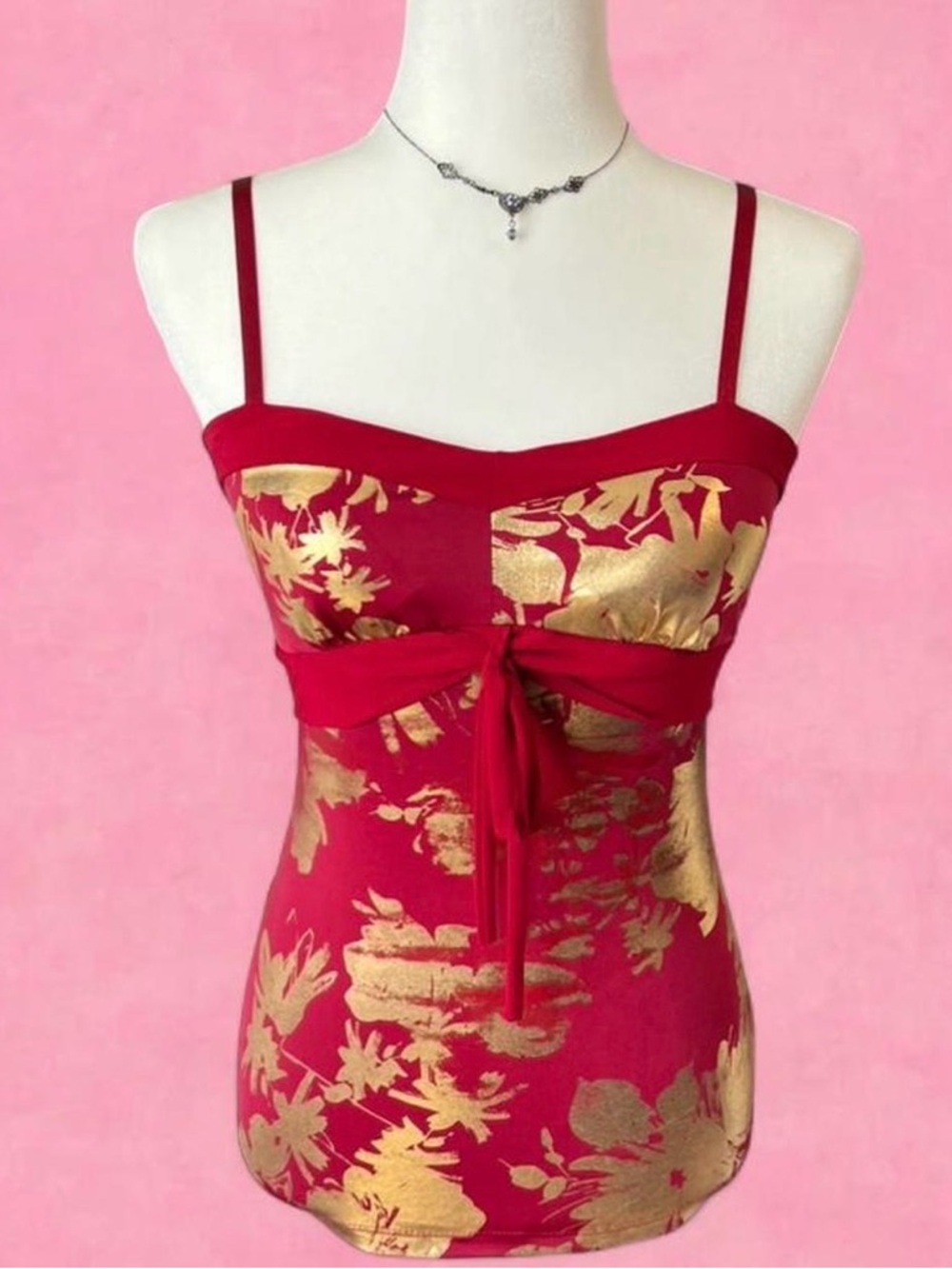 Red and Gold Floral Tie-Front Tank Top